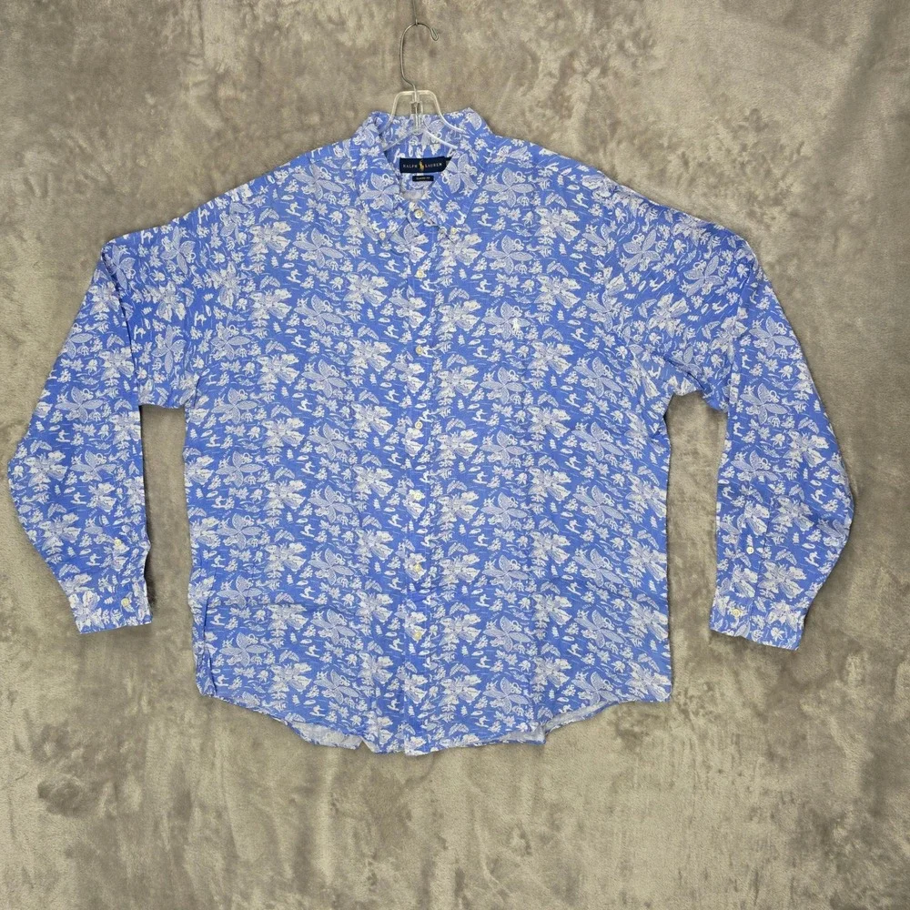Ralph Lauren Button Down Shirt Mens XXL Blue White Linen Hawaiian Aloha Classic